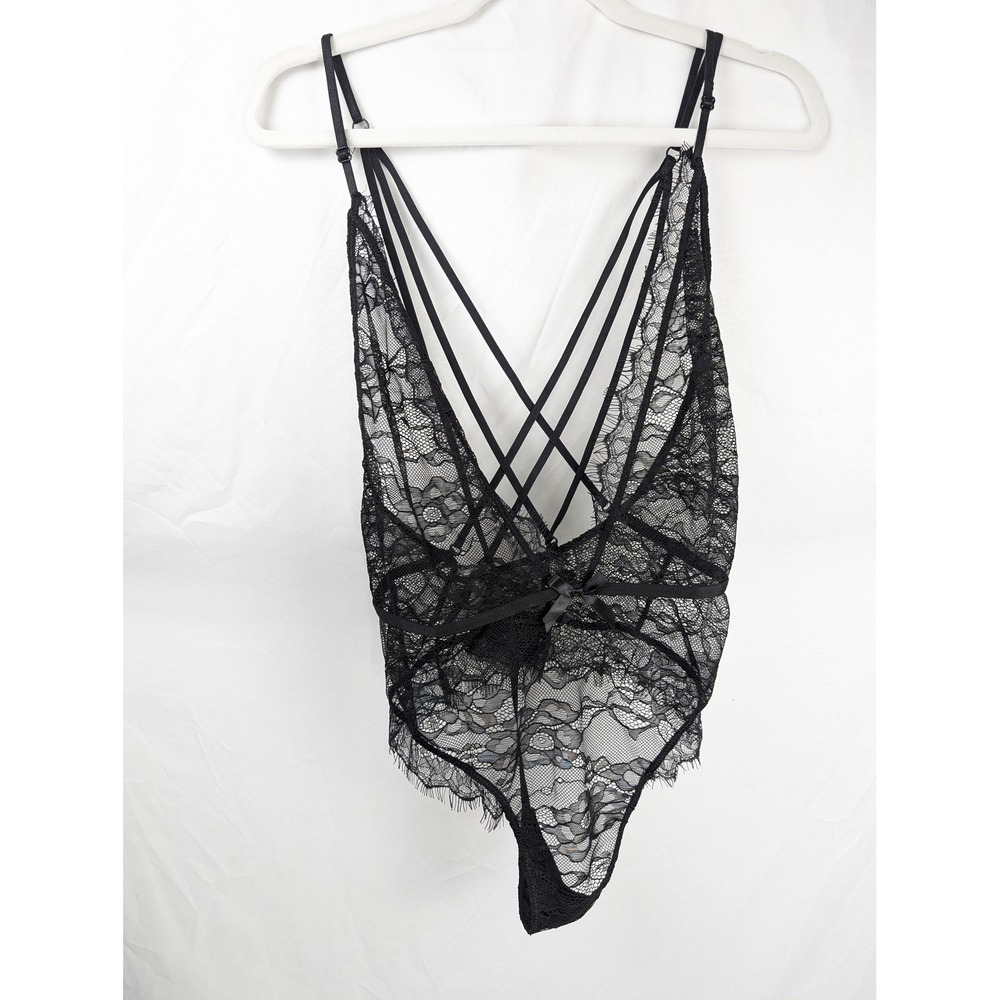 Floral Fairy Lace Sheer Strappy Teddy Bodysuit Size L Black Lingerie Plunge‎